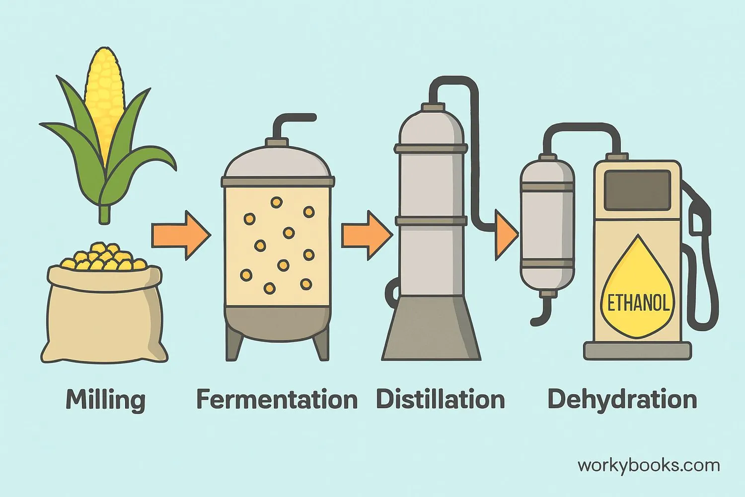Diagram showing the ethanol production process from corn to fuel