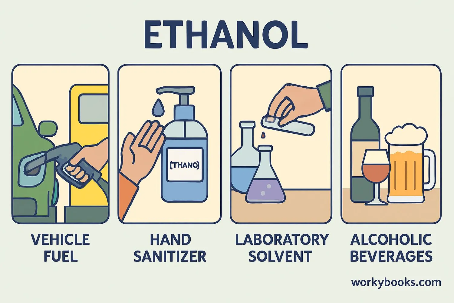 Collage showing different uses of ethanol including fuel, hand sanitizer, and industrial applications