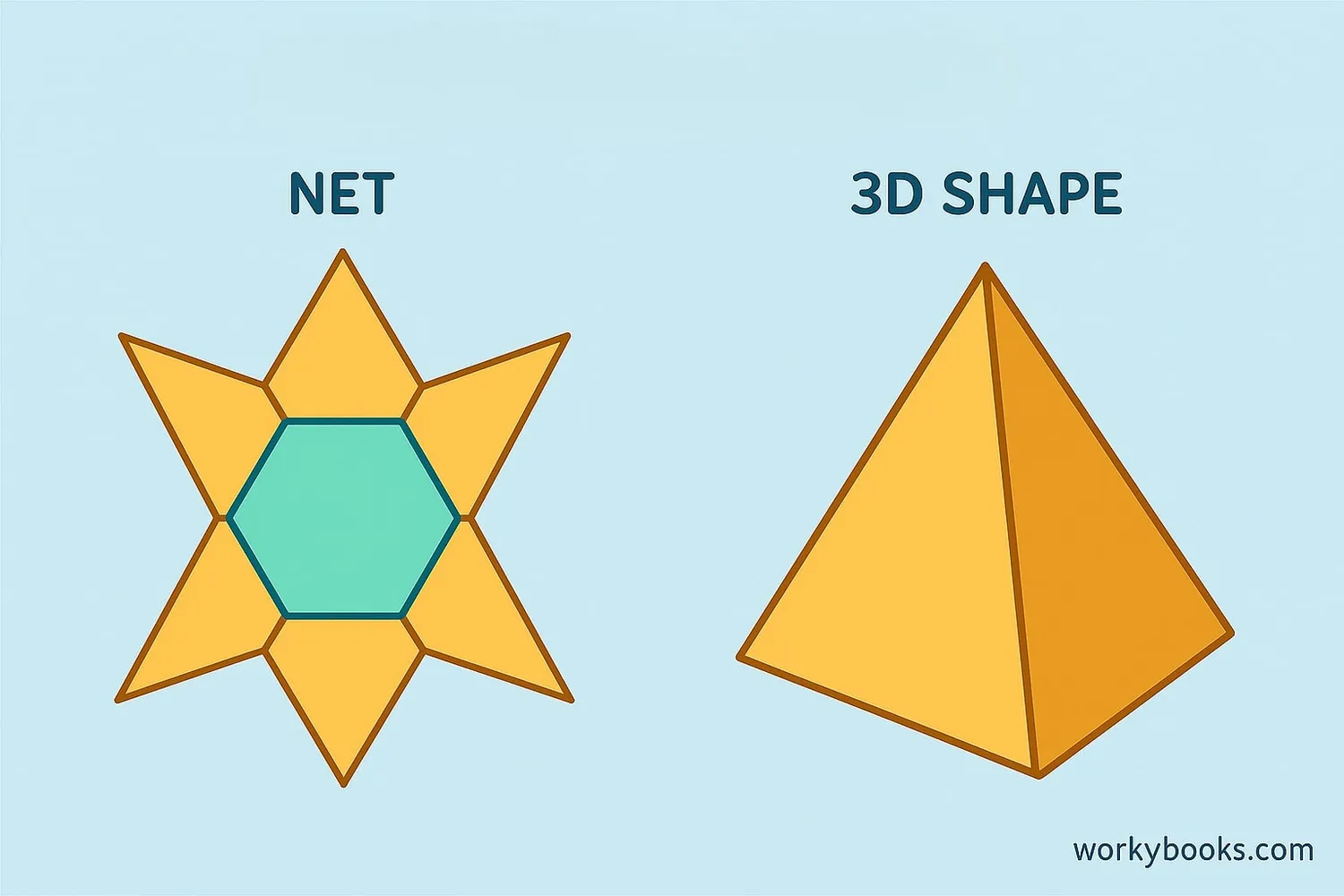 Net of a hexagonal pyramid showing how it unfolds into a flat shape