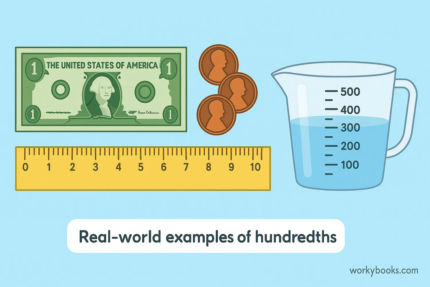 Real-world examples of hundredths in money and measurements