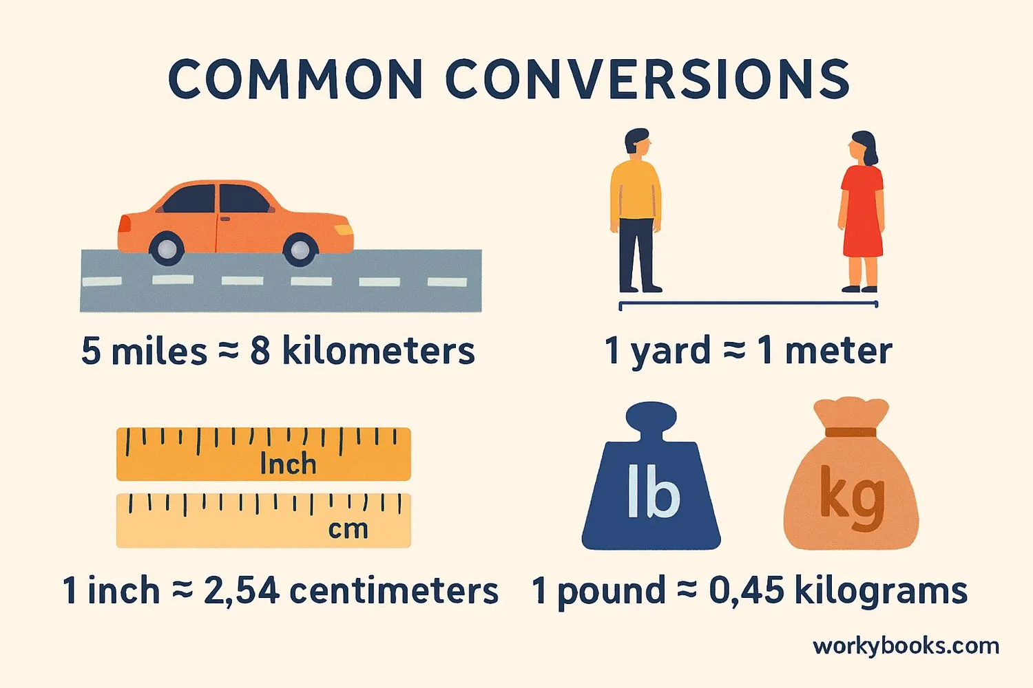 Visual guide showing conversion between imperial and metric units