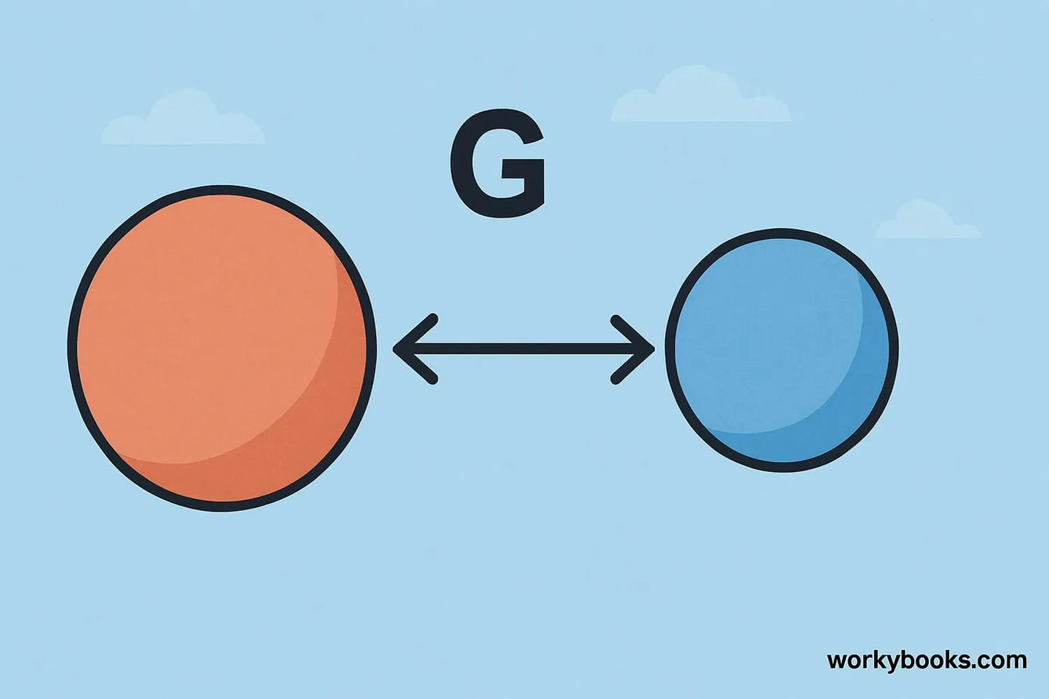 Visual representation of gravity between two objects with the gravitational constant symbol G