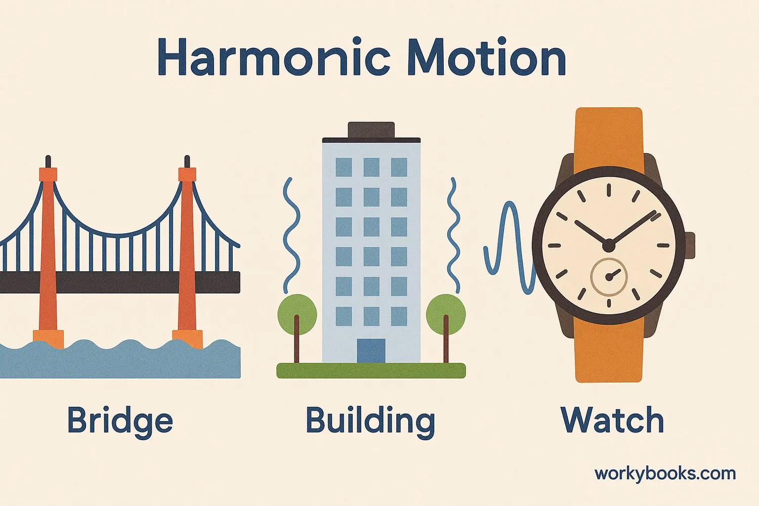 Illustration showing how harmonic motion is used in bridges, buildings, and watches for stability and timekeeping