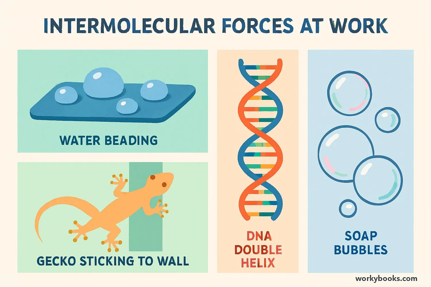 Illustration showing examples of intermolecular forces in everyday life