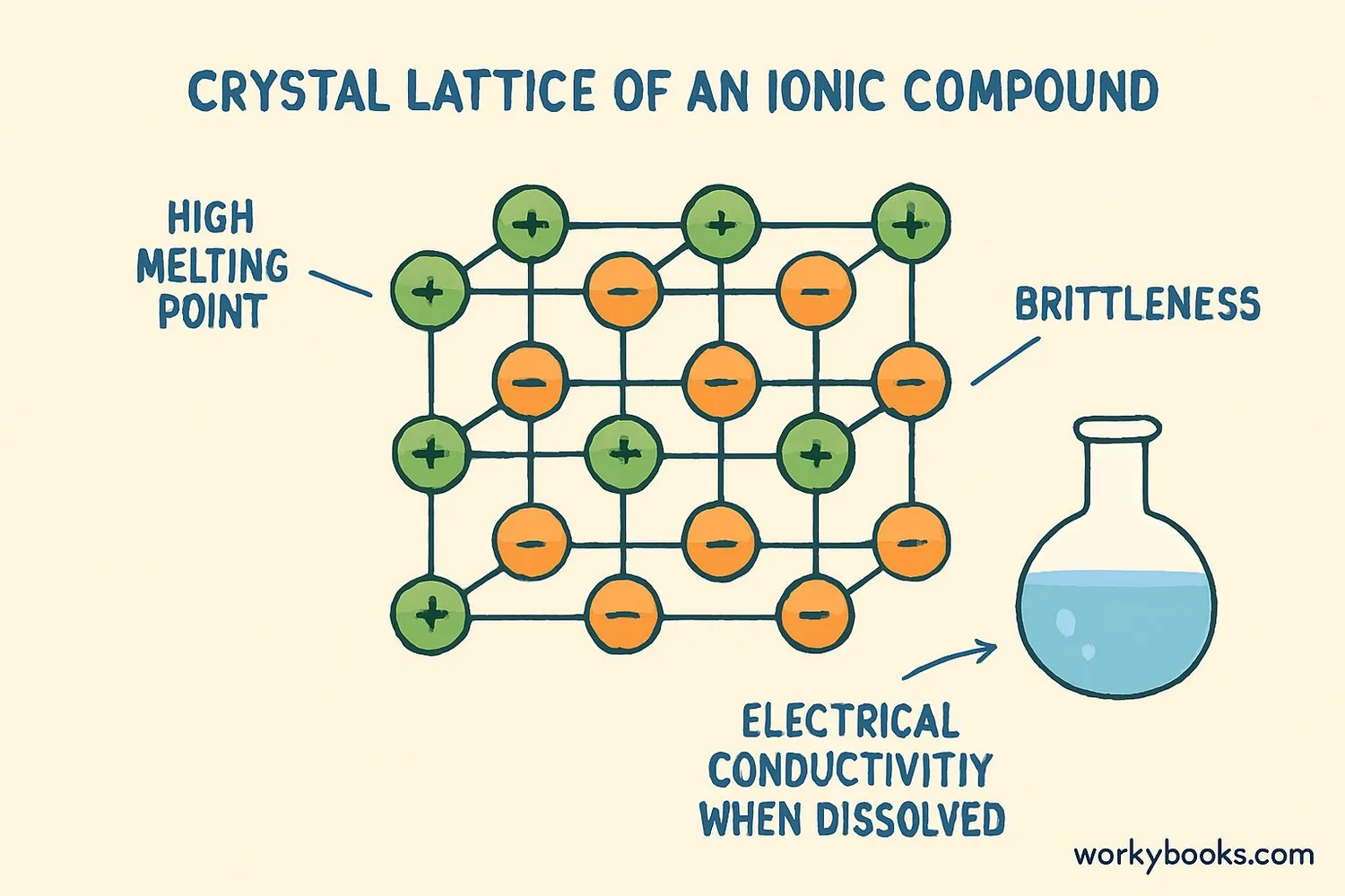 Illustration showing crystal lattice structure of ionic compounds and properties like high melting point and conductivity