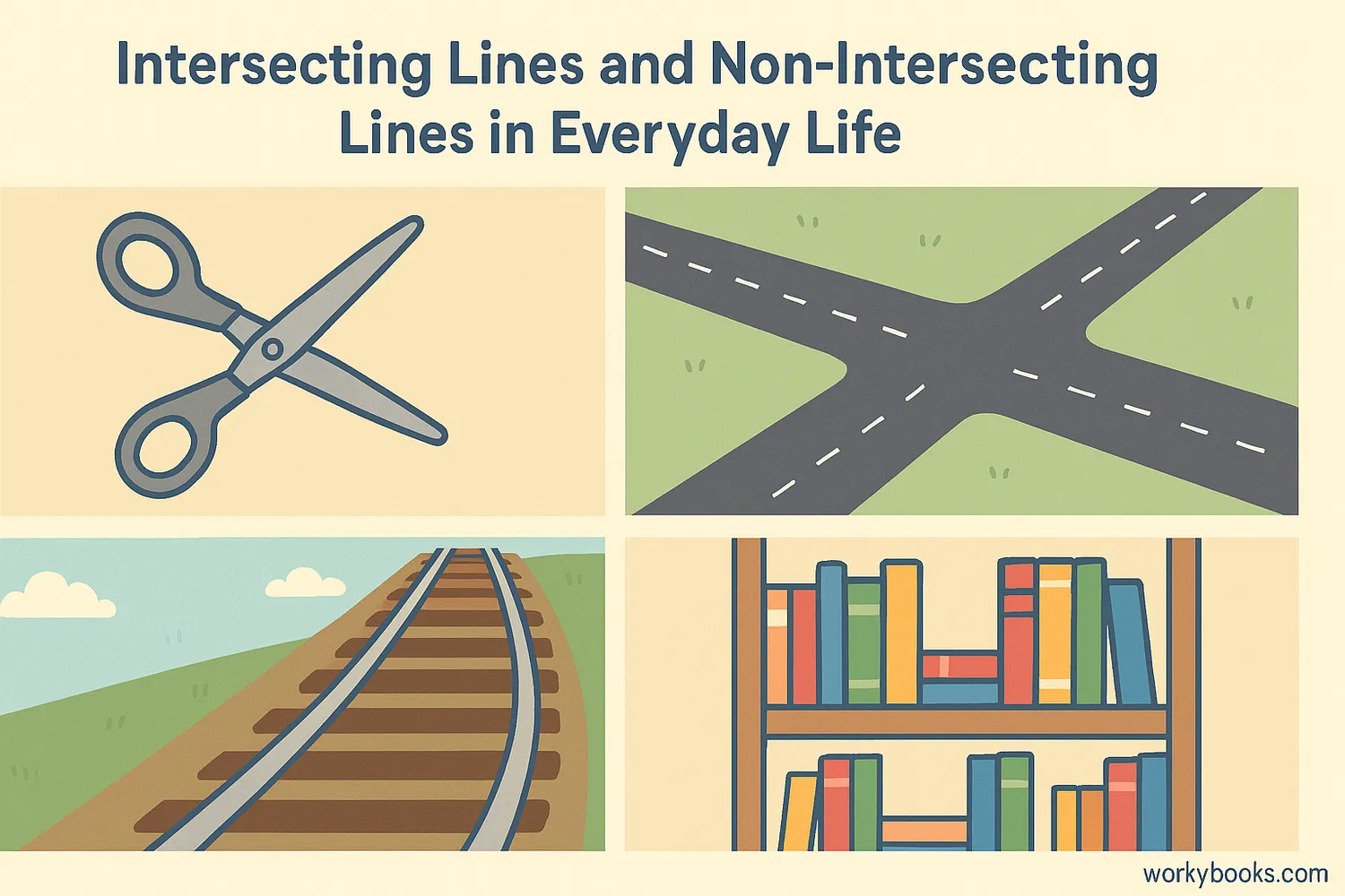Collage showing intersecting lines (scissors, crossroads) and non-intersecting lines (railroad tracks, bookshelf)