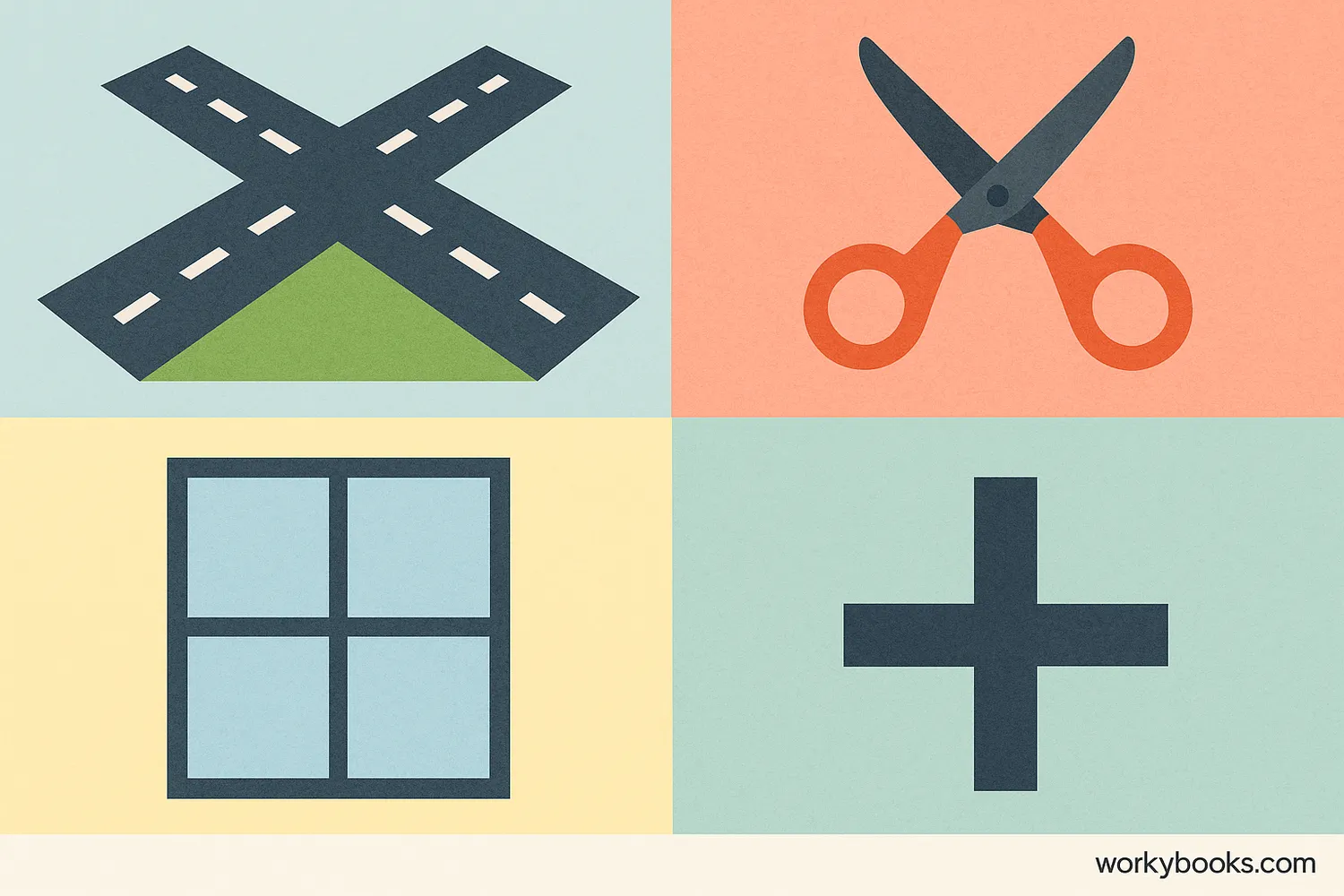 Collection of real-world examples of intersecting lines: crossroads, scissors, window panes, and plus sign