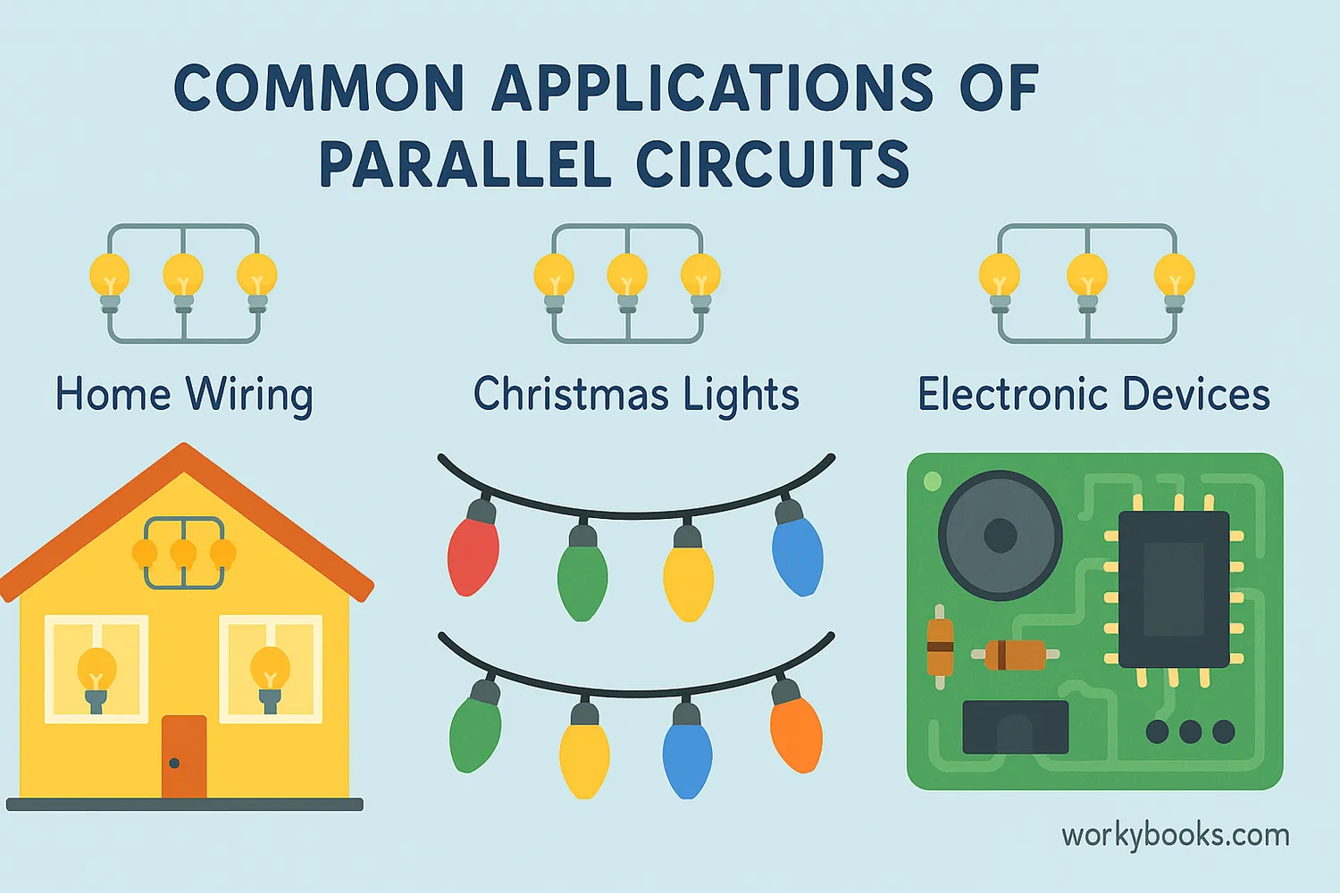 Illustration of parallel circuits used in homes and electronic devices