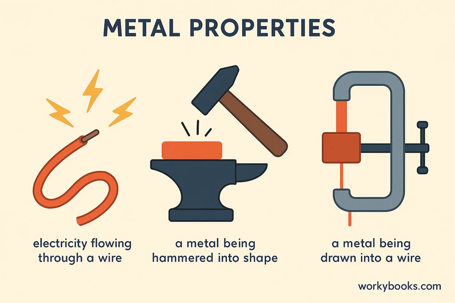 Illustration showing various properties of metals including electrical conductivity and malleability