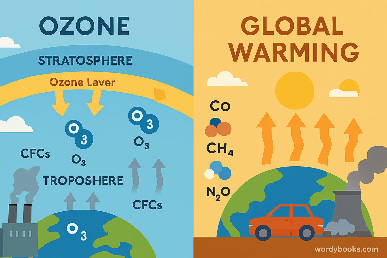Left: stratospheric ozone blocks UV; CFCs create hole; right: smog and greenhouse gases trap heat.