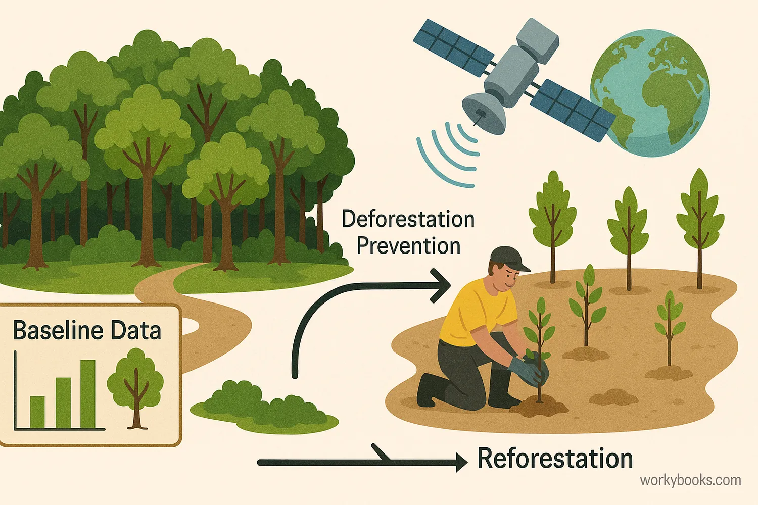 Graphic showing baseline data, forest protection, reforestation, and satellite monitoring.