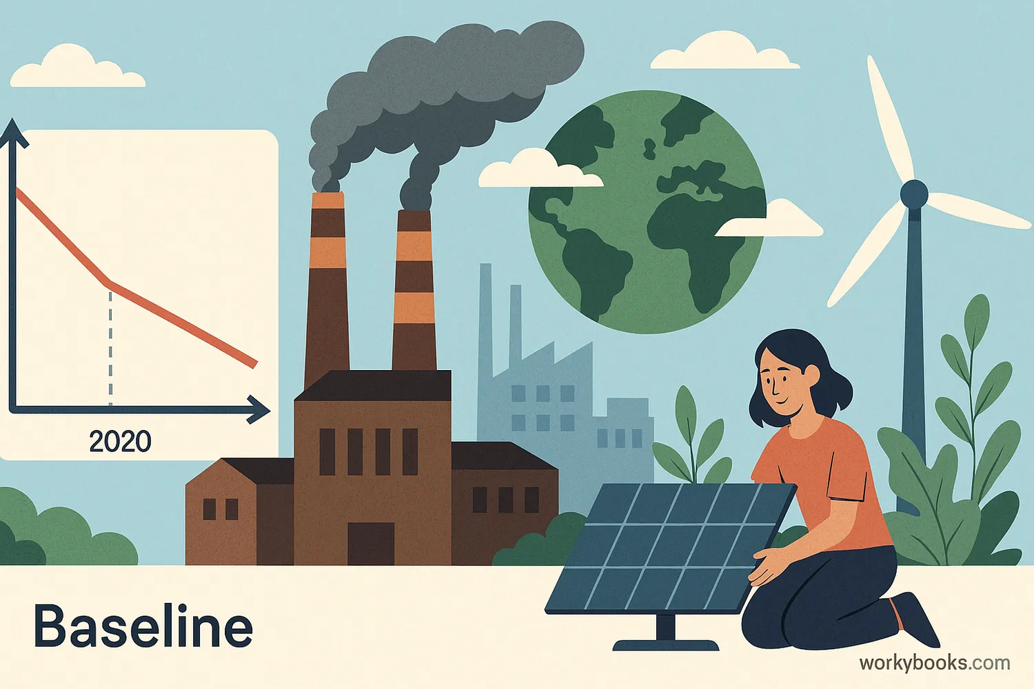 student-friendly graphic showing baseline emissions, pollution sources, and clean energy progress over time.