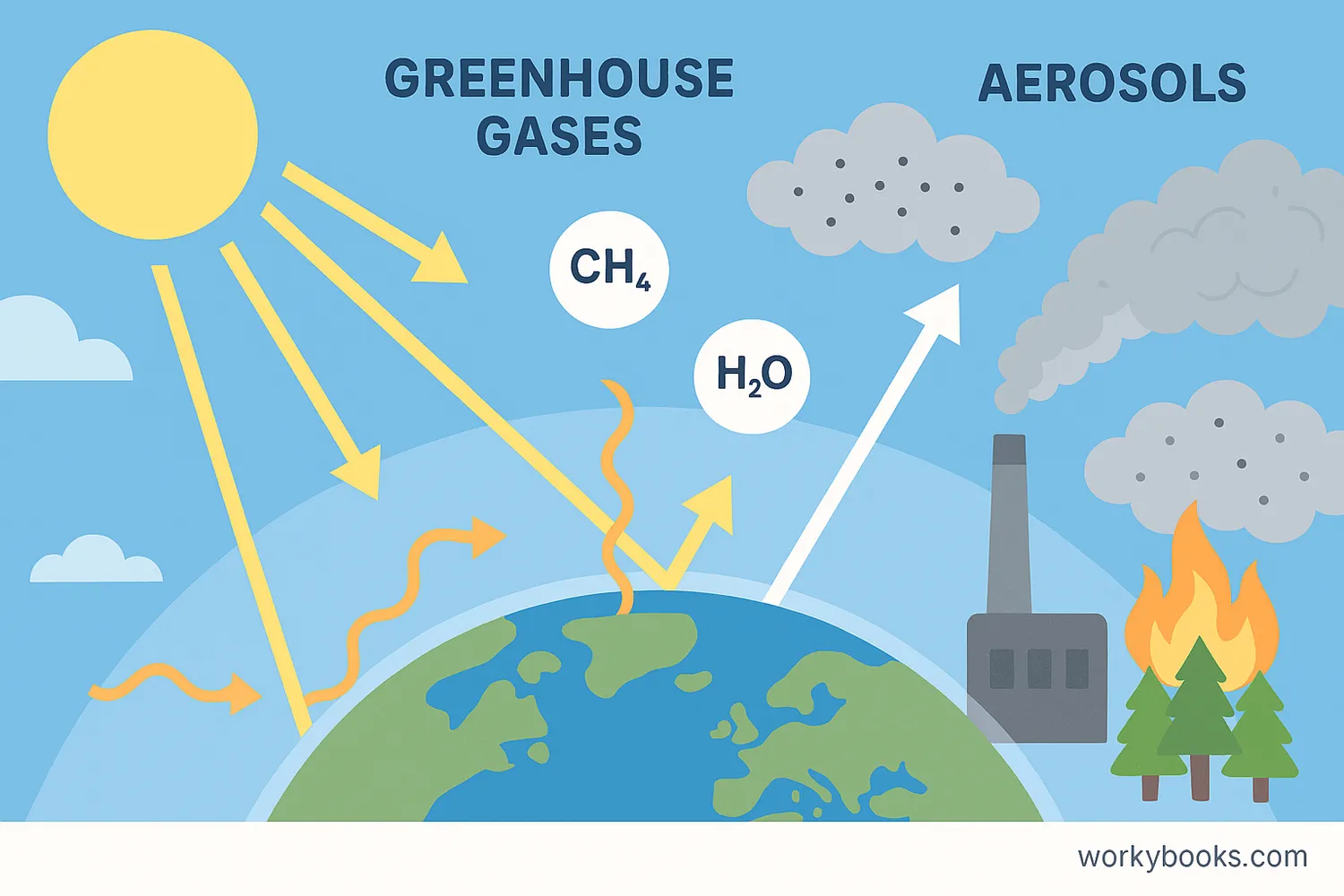 Greenhouse gases trap heat; aerosols reflect or absorb sunlight, affecting Earth's temperature.