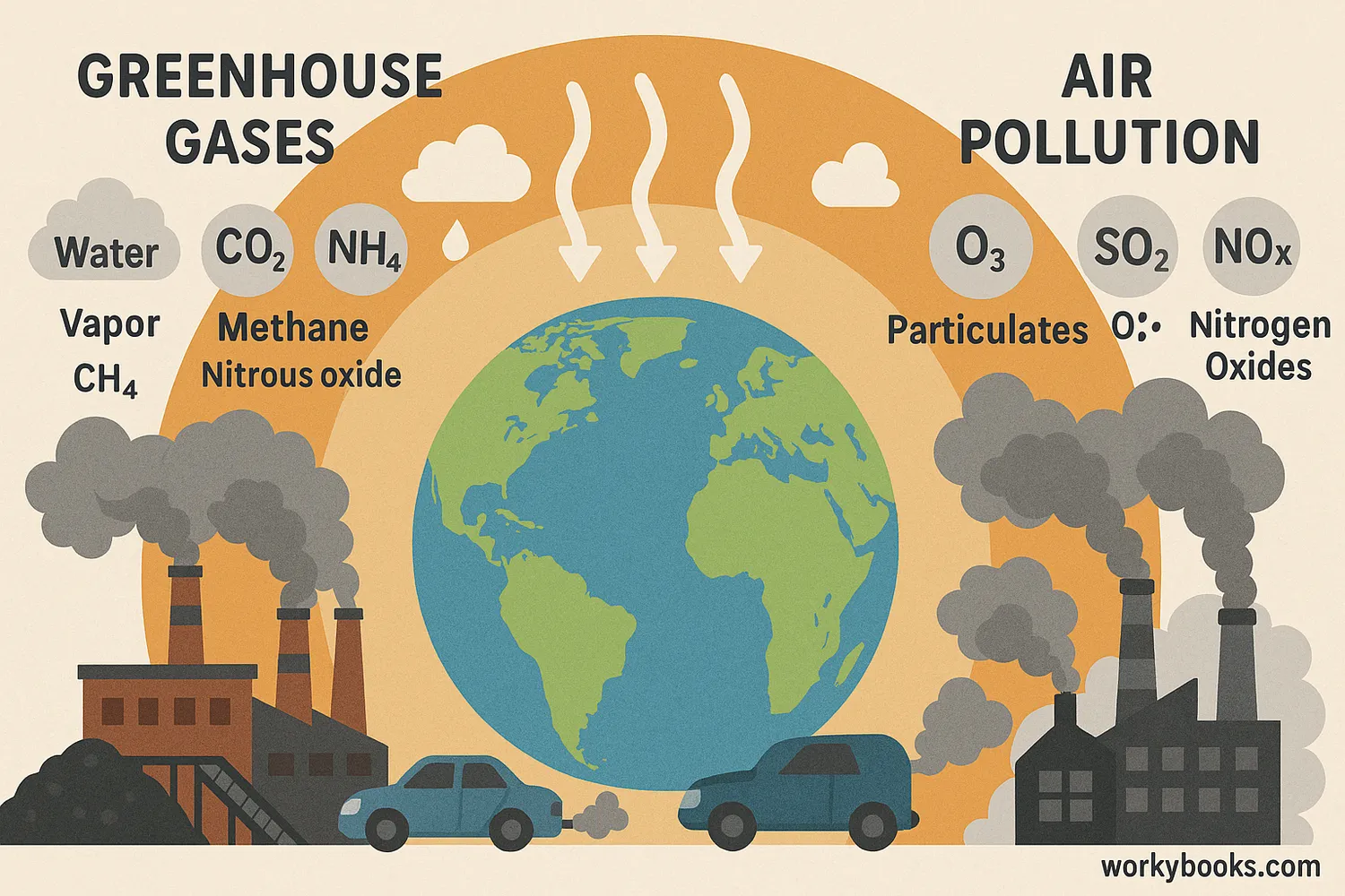 Earth showing greenhouse gases trapping heat and air pollution harming health and visibility.