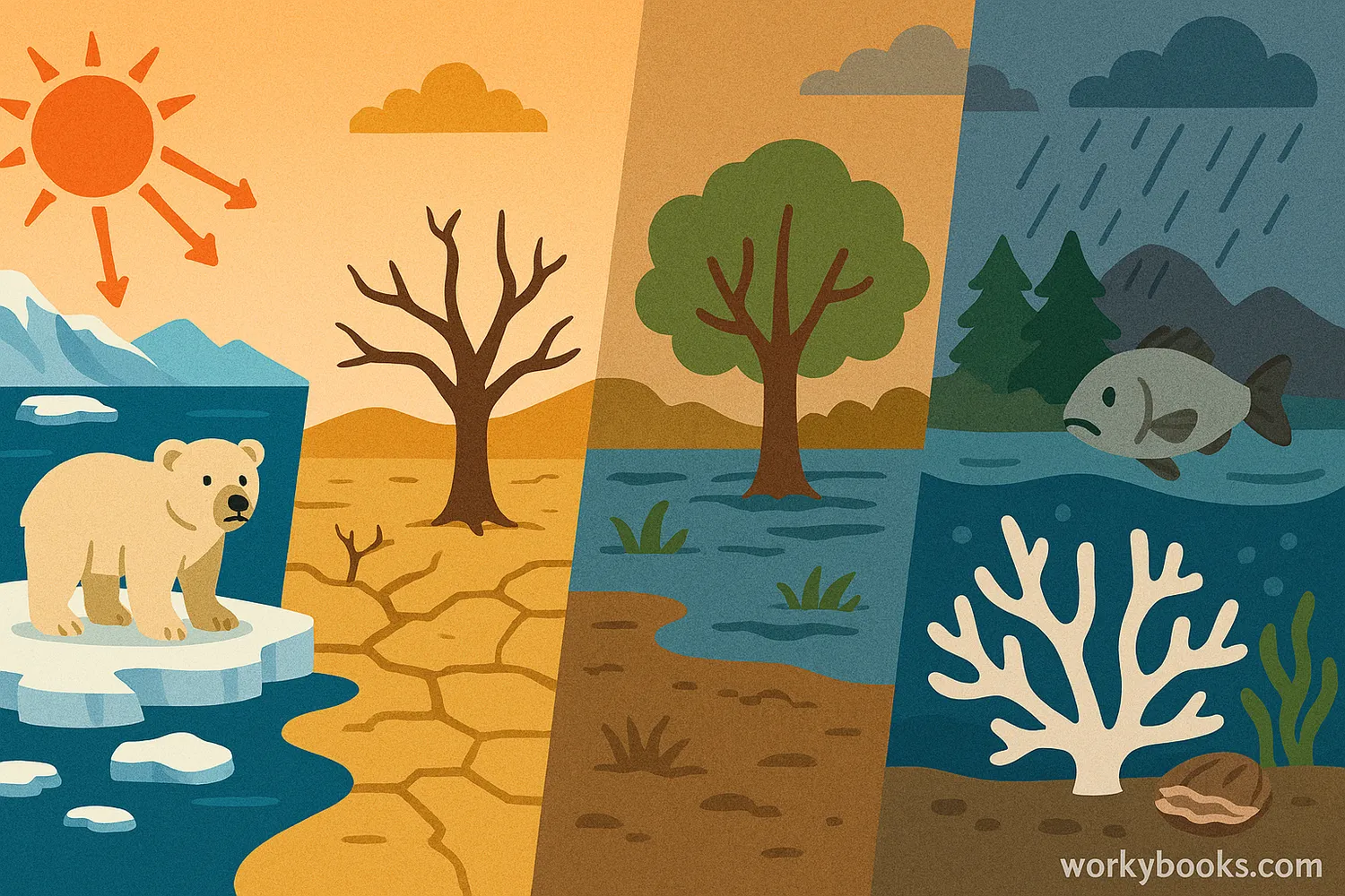 Four scenes show melting ice, drought, flooding, and ocean acidification. Caption: Climate change impacts: ice loss, drought, floods, acidic seas.