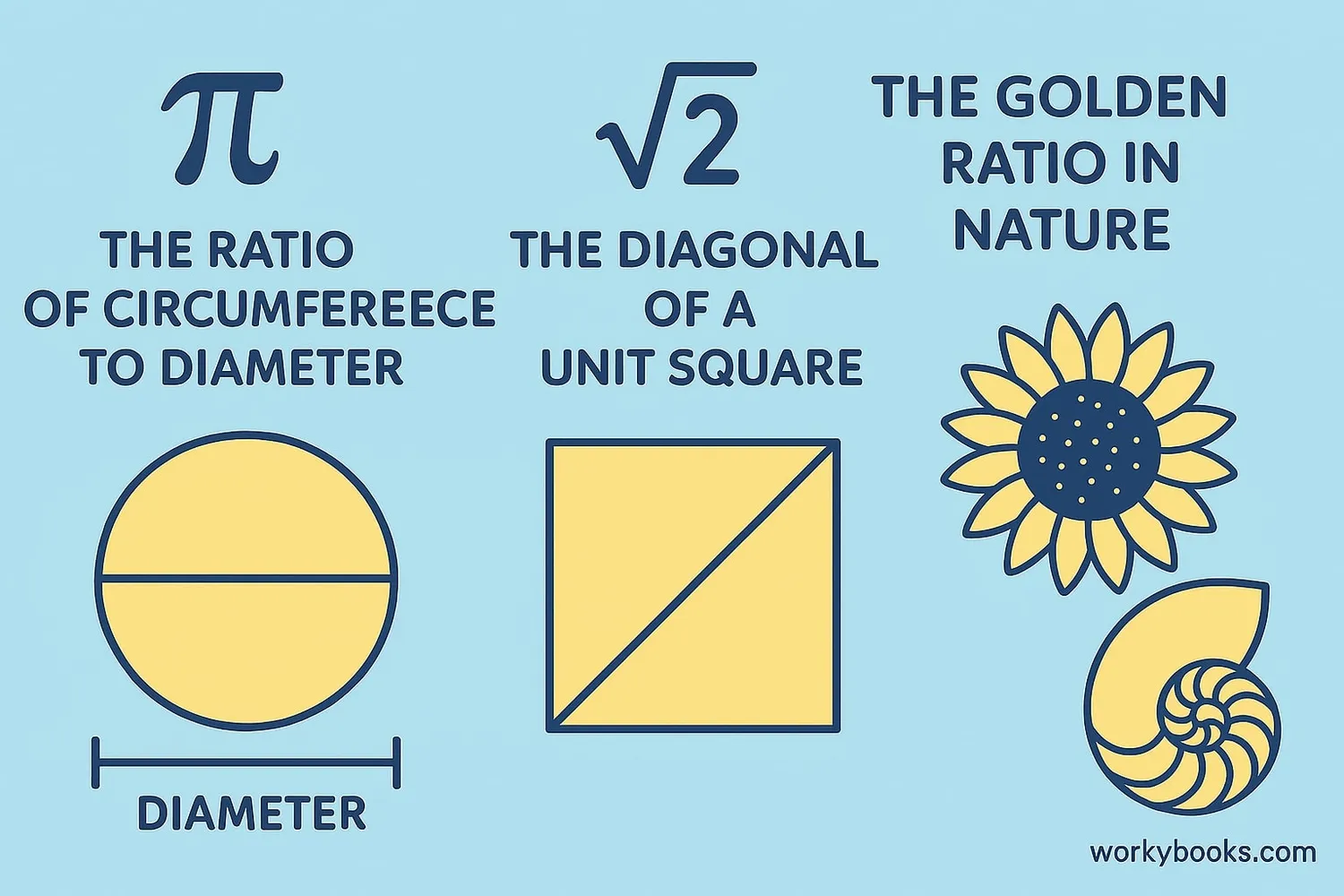 Common examples of irrational numbers with visual representations
