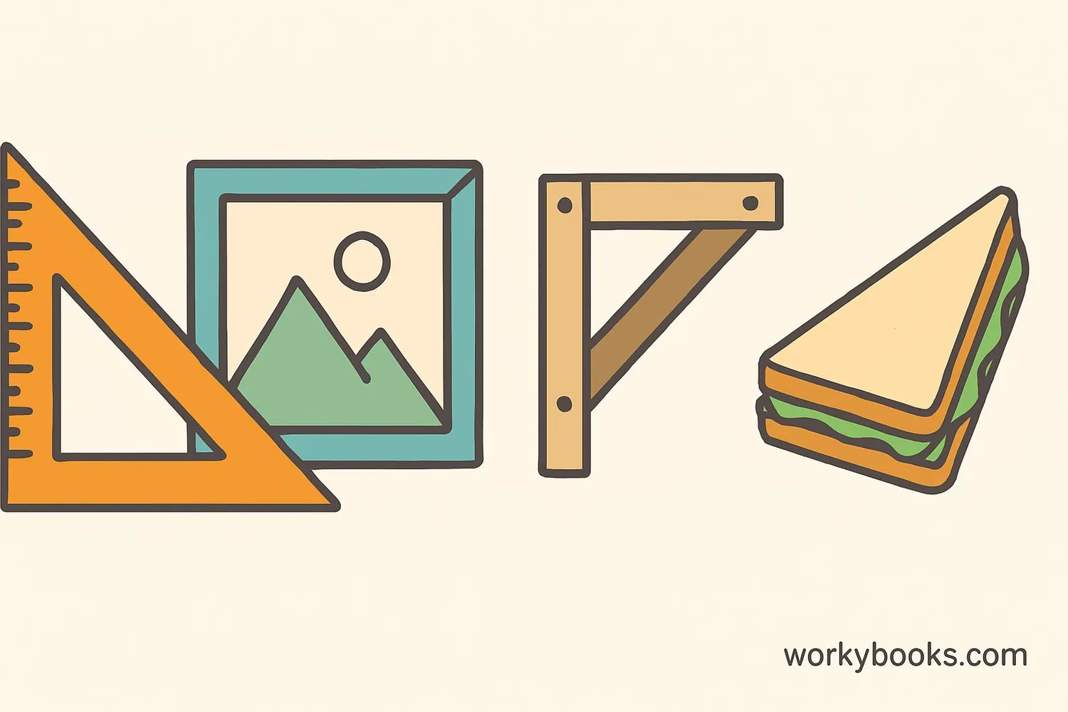 Examples of isosceles right triangles in real life: set square, roof truss, half-square quilt pattern