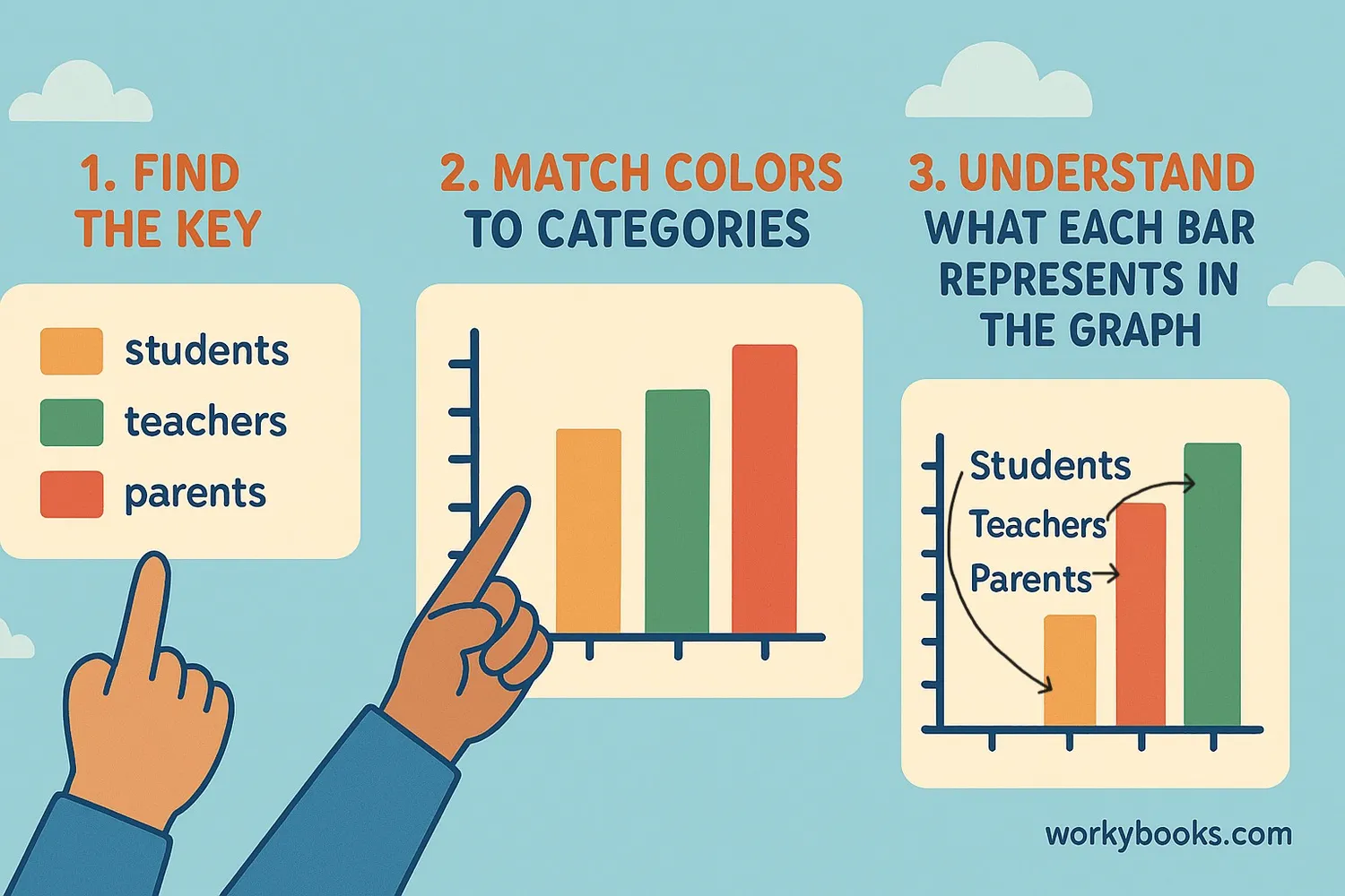 Step 1: Find the key. Step 2: Match colors to categories. Step 3: Understand what each bar represents in the graph.
