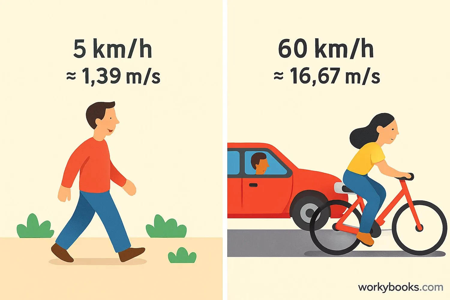 Everyday situations showing speed in both km/h and m/s
