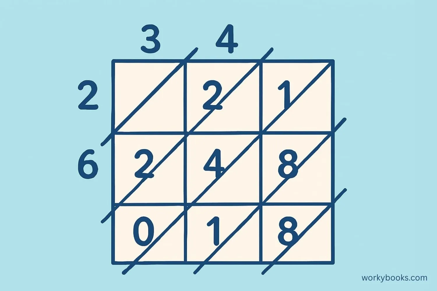 Lattice multiplication grid with diagonal lines showing how numbers are placed and added