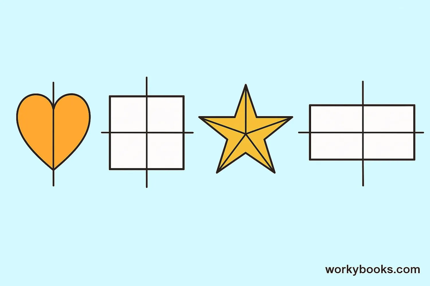 Everyday objects showing lines of symmetry: a heart, a square, a star, and a rectangle