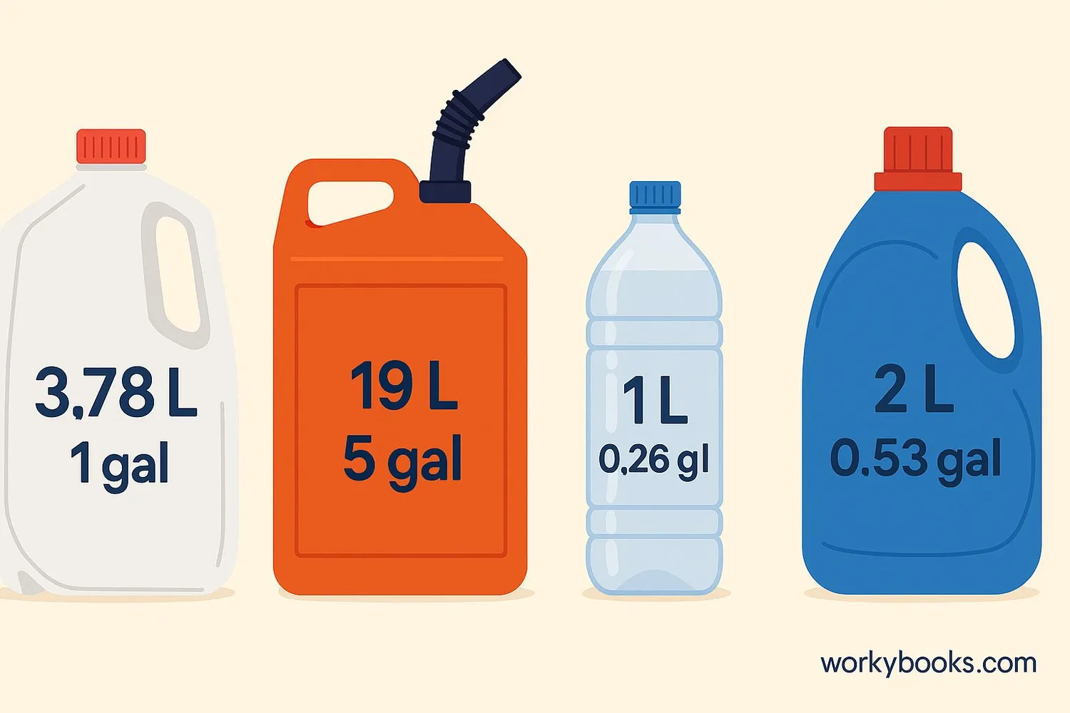 Everyday containers showing volume in both liters and gallons