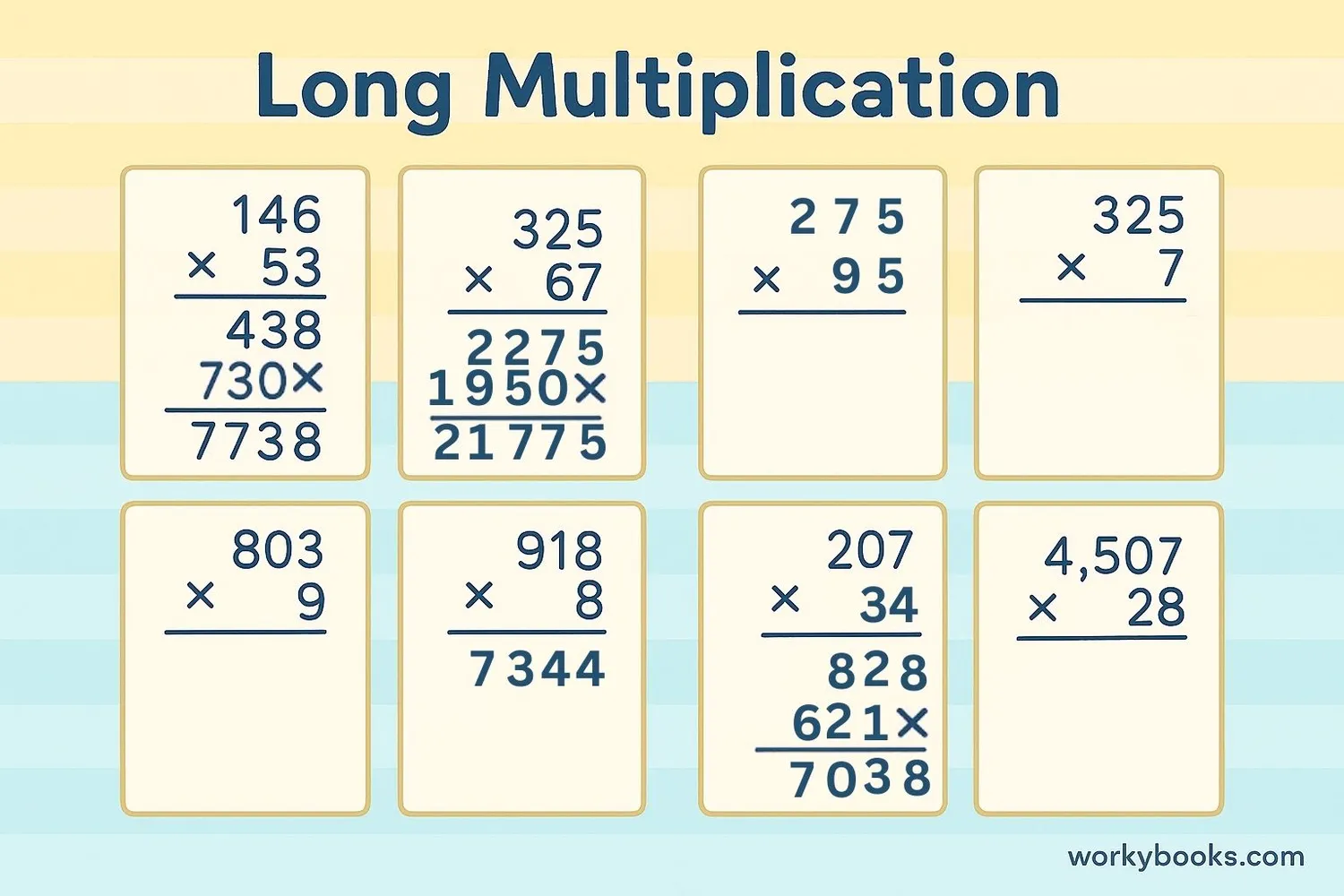 Practice worksheet with long multiplication problems