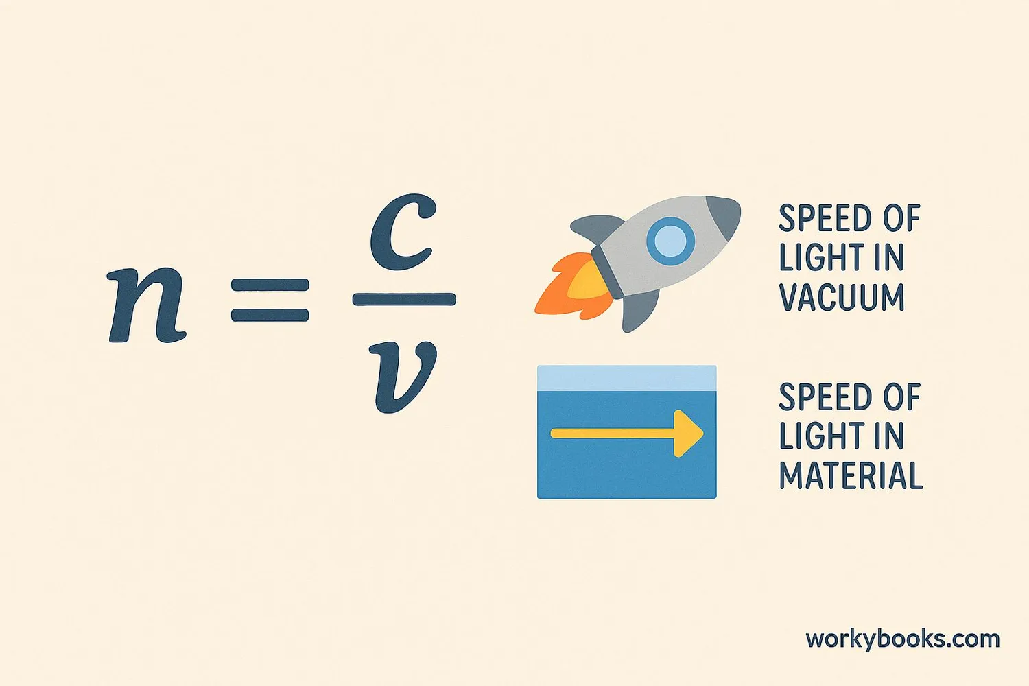 Diagram showing the mathematical formula for refractive index: n = c/v