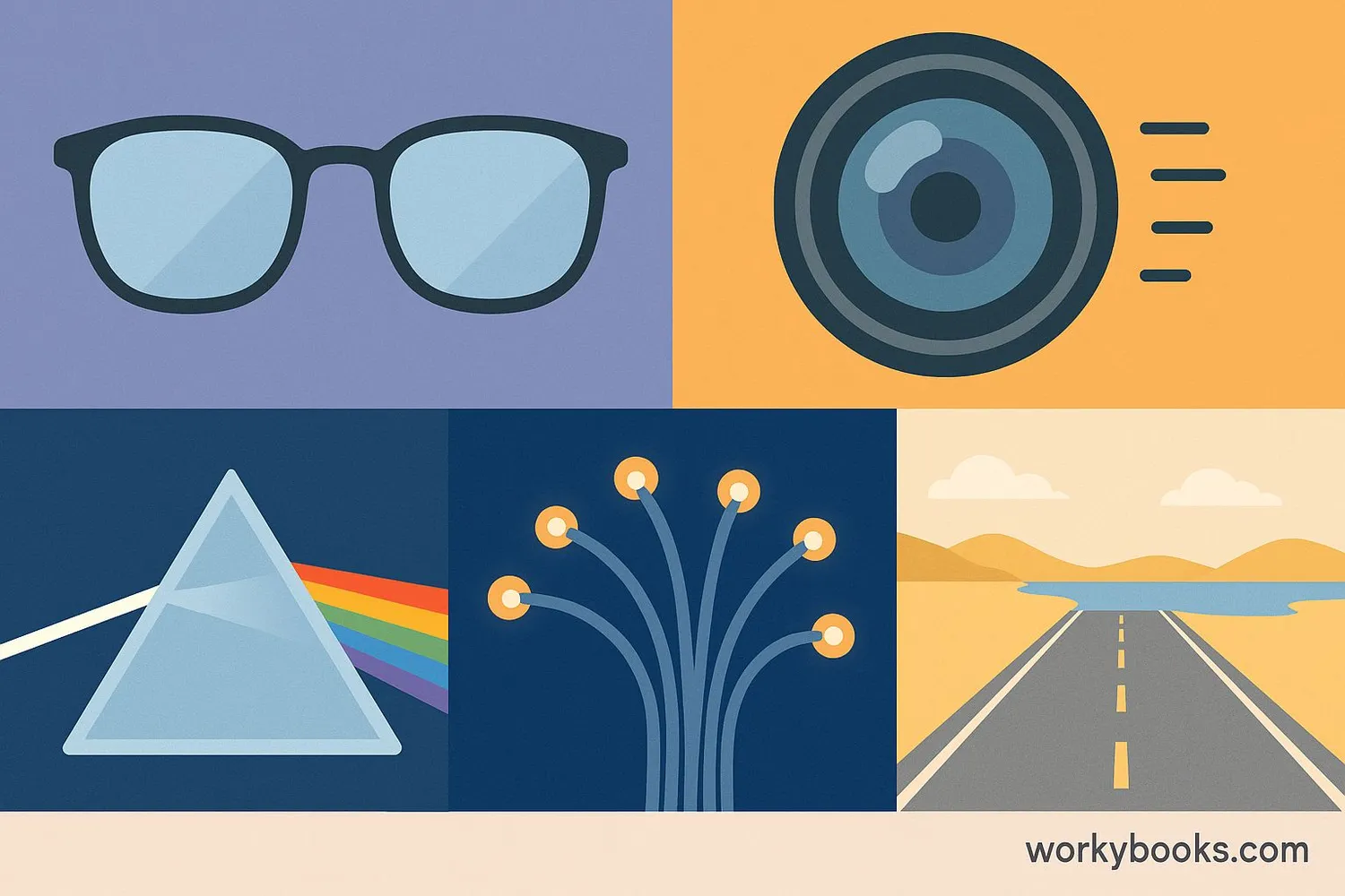 Collage showing various applications of refractive index including lenses, prisms, optical fibers, and mirages