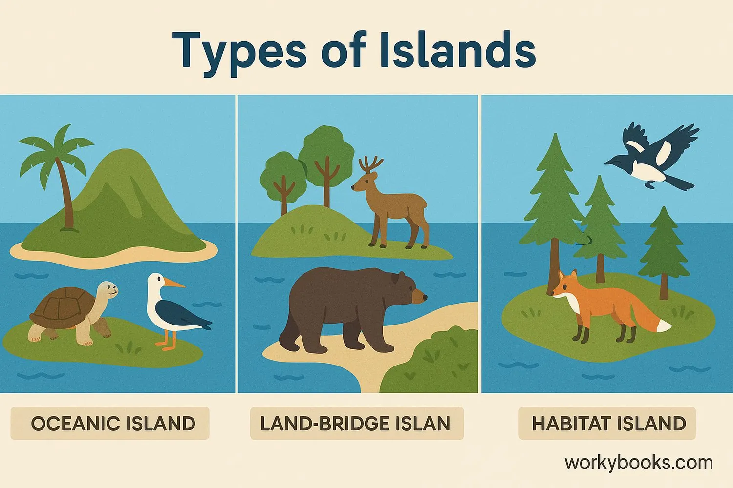 Visual representation of different types of islands with various species