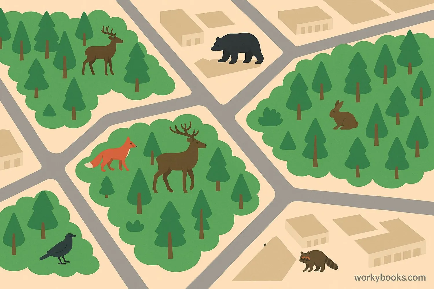 Illustration showing habitat fragmentation creating island-like patches with different species survival