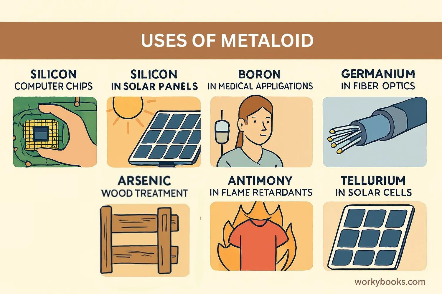 Illustration showing various uses of metalloids in technology, medicine, and industry