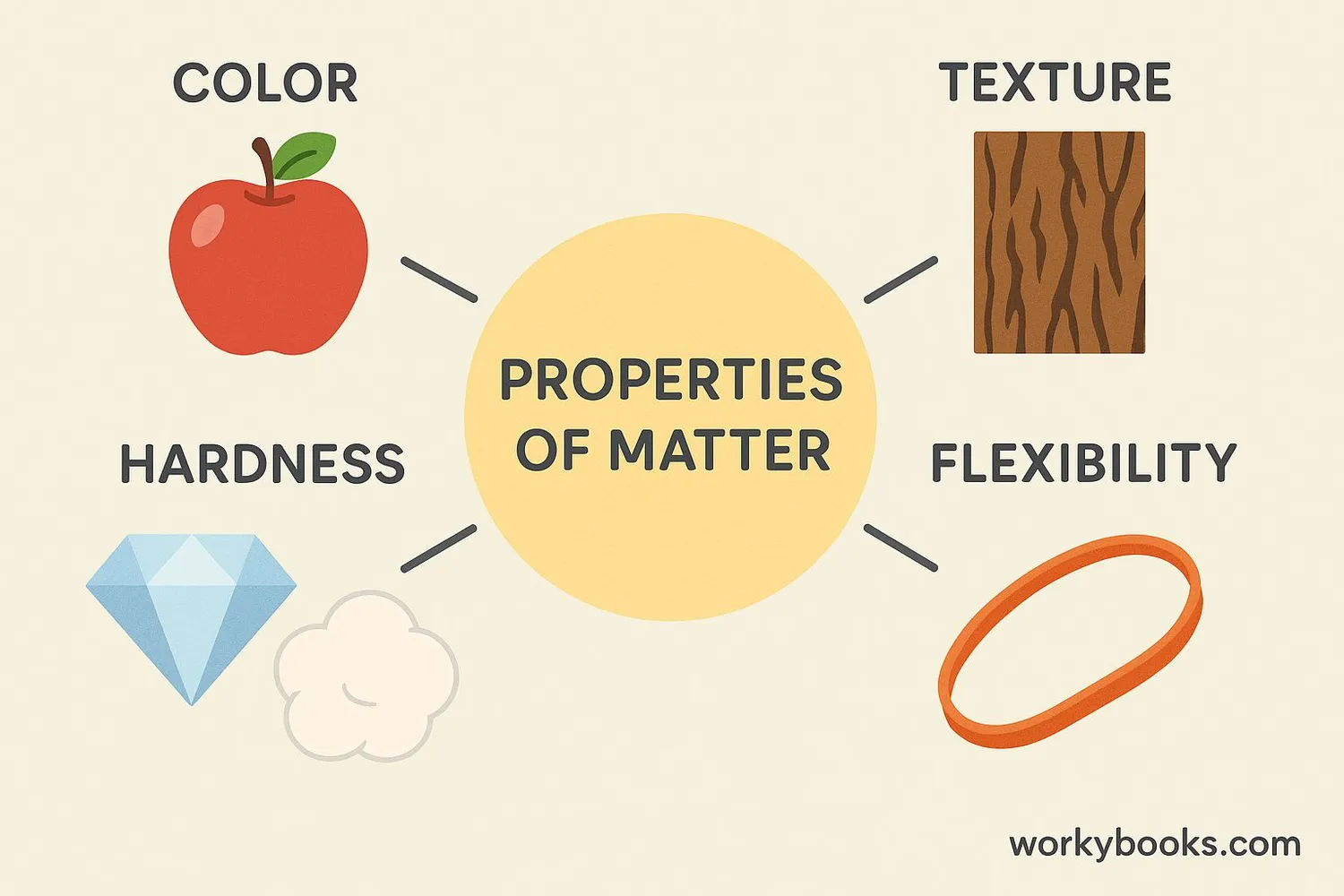 Diagram showing different properties of matter like color, texture, hardness, and flexibility