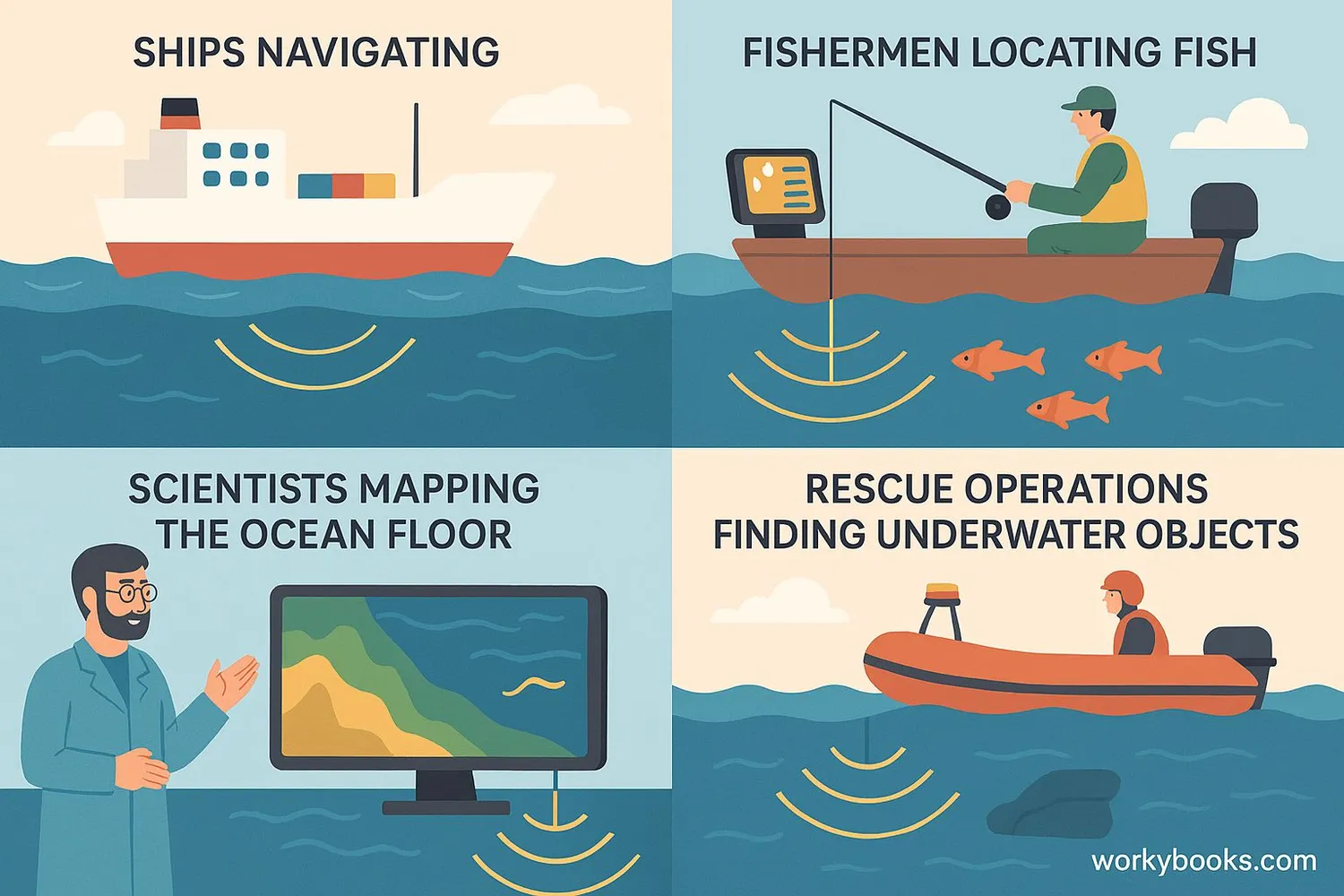 Illustration showing various applications of sonar