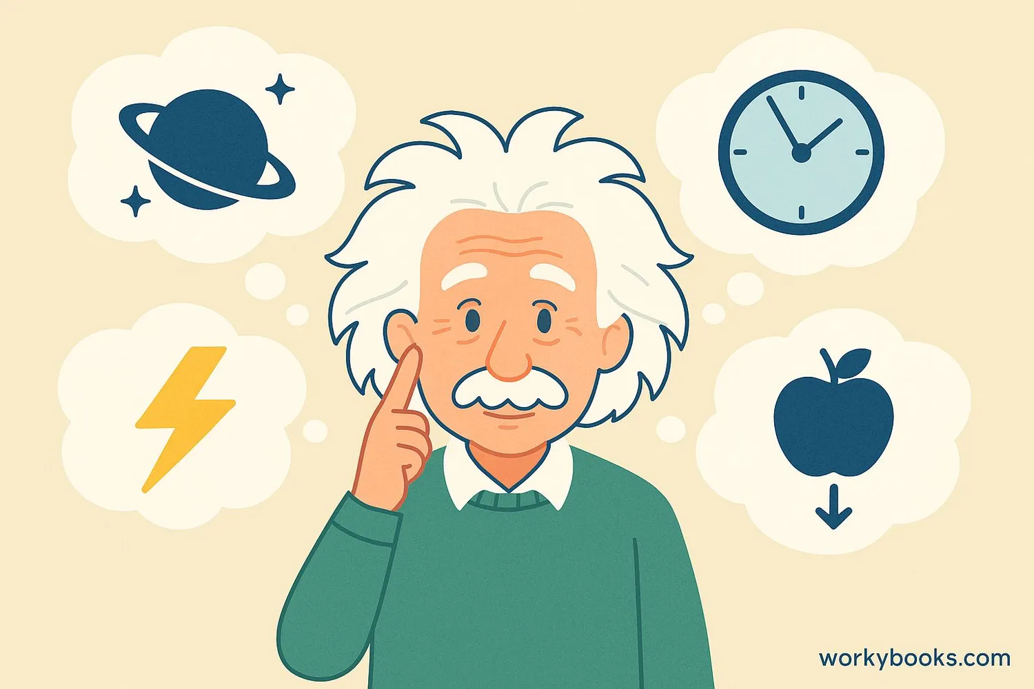 Visual representation of Albert Einstein with thought bubbles
