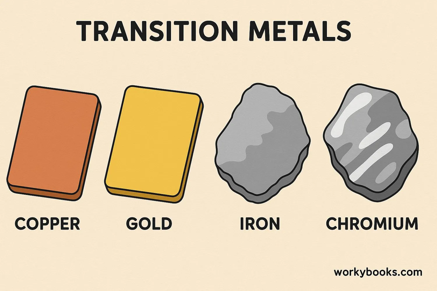 Collection of transition metals showing their different colors and forms