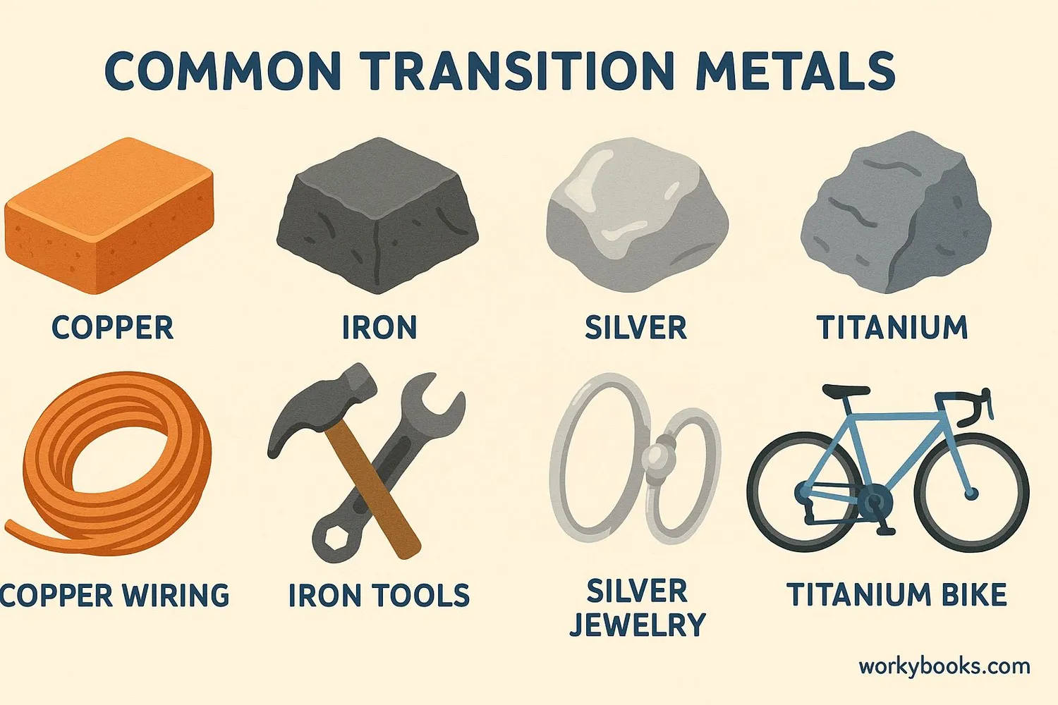 Collection of common transition metals with their symbols and names
