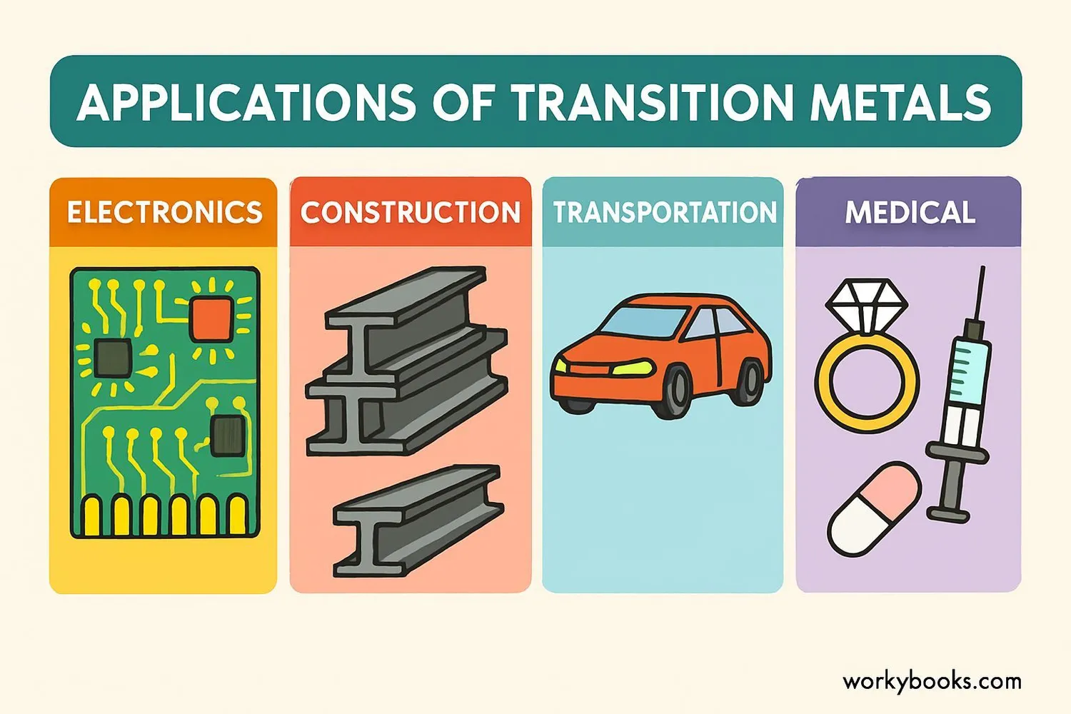 Infographic showing various uses of transition metals in everyday life