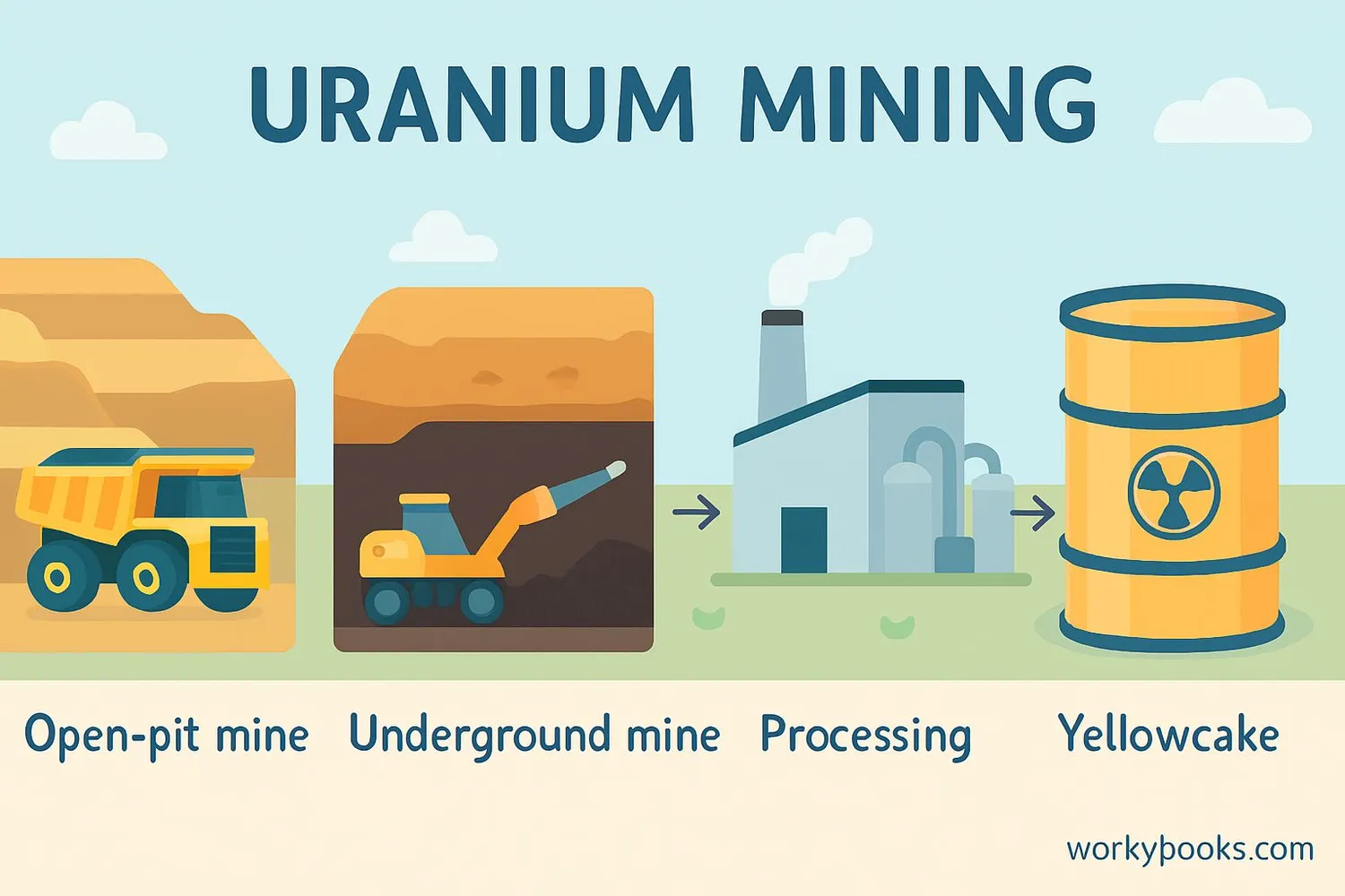 Illustration showing uranium mining and processing steps