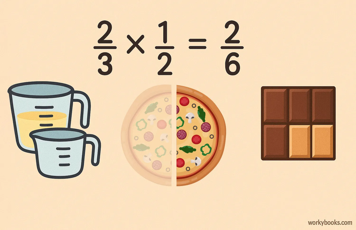 Visual examples of fraction multiplication using measuring cups, pizza slices, or chocolate bars