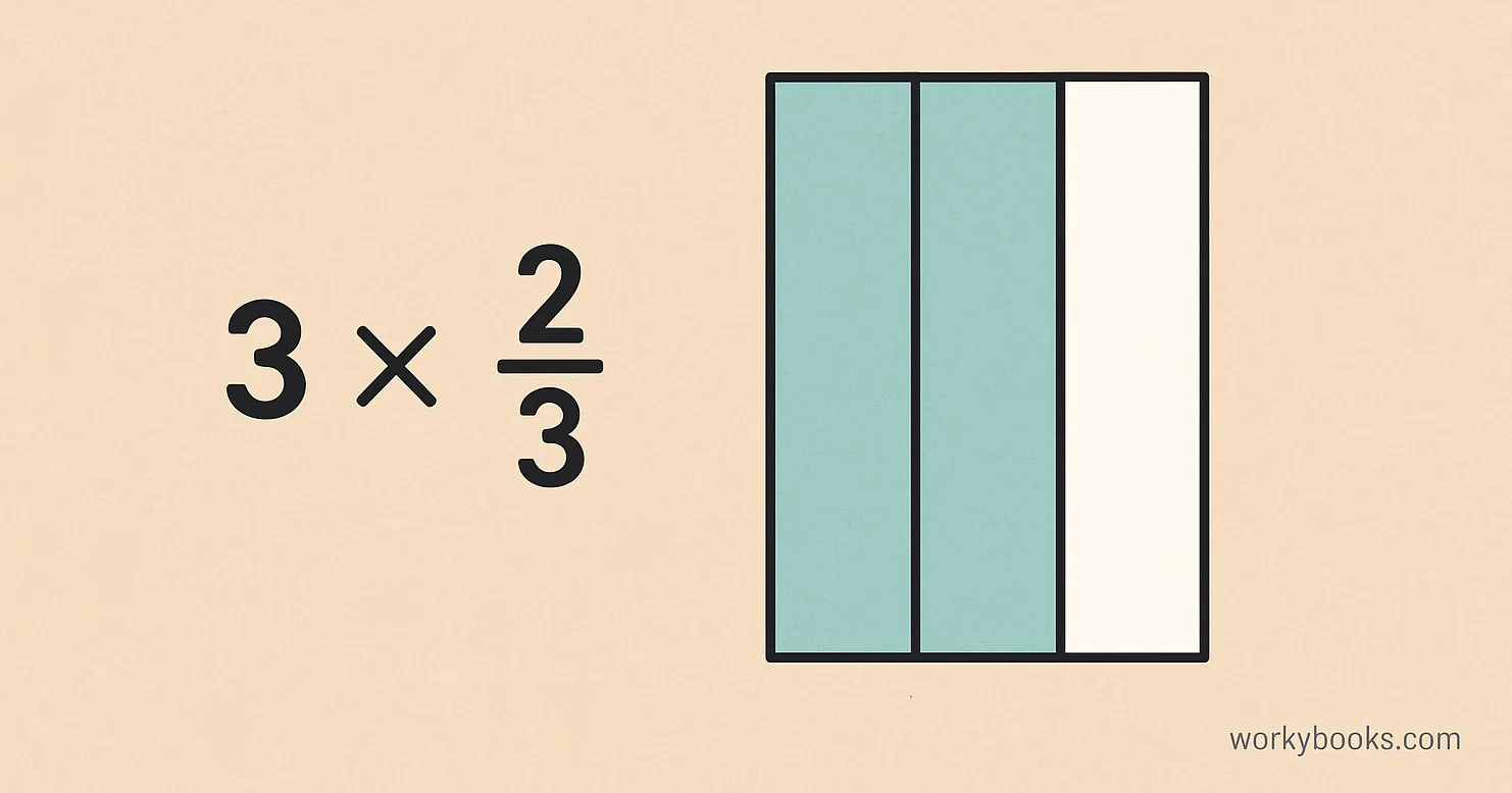 Multiple rectangular or circular models showing 3 × 2/3 with parts shaded different colors