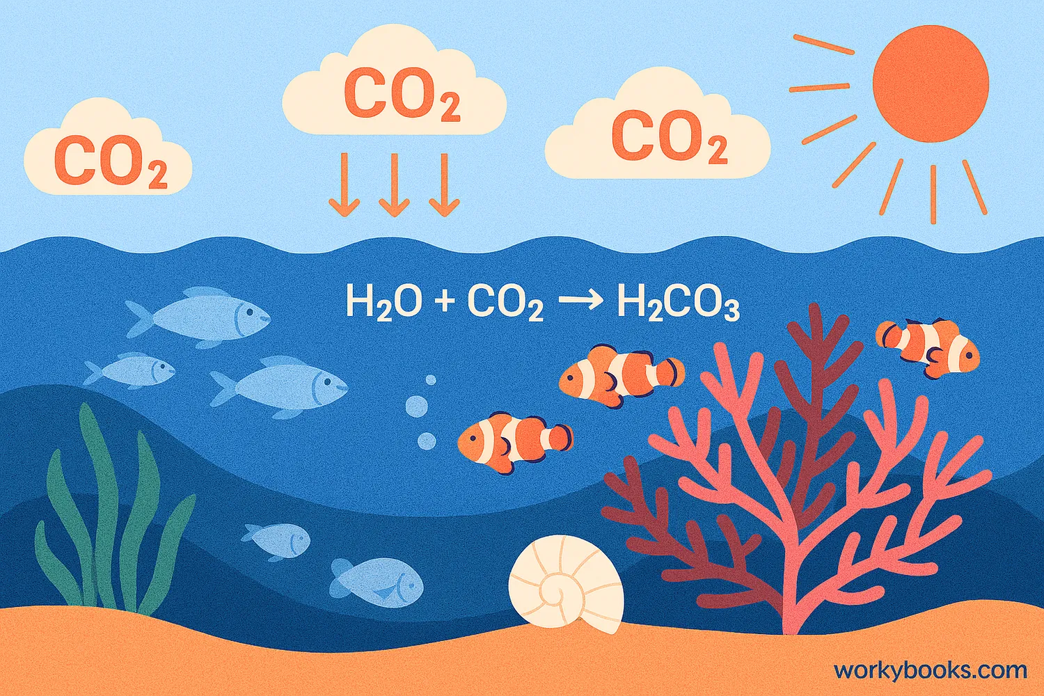 CO2 enters ocean, lowers pH, harms coral reefs and shell-building marine life.