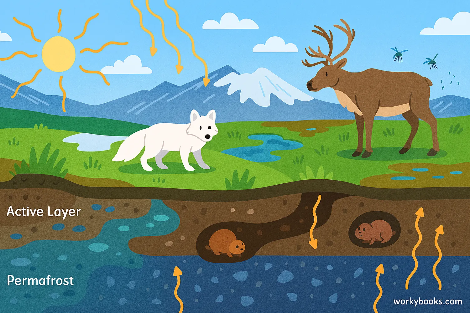 Arctic animals on tundra above thawing permafrost releasing methane and disrupting their habitat.