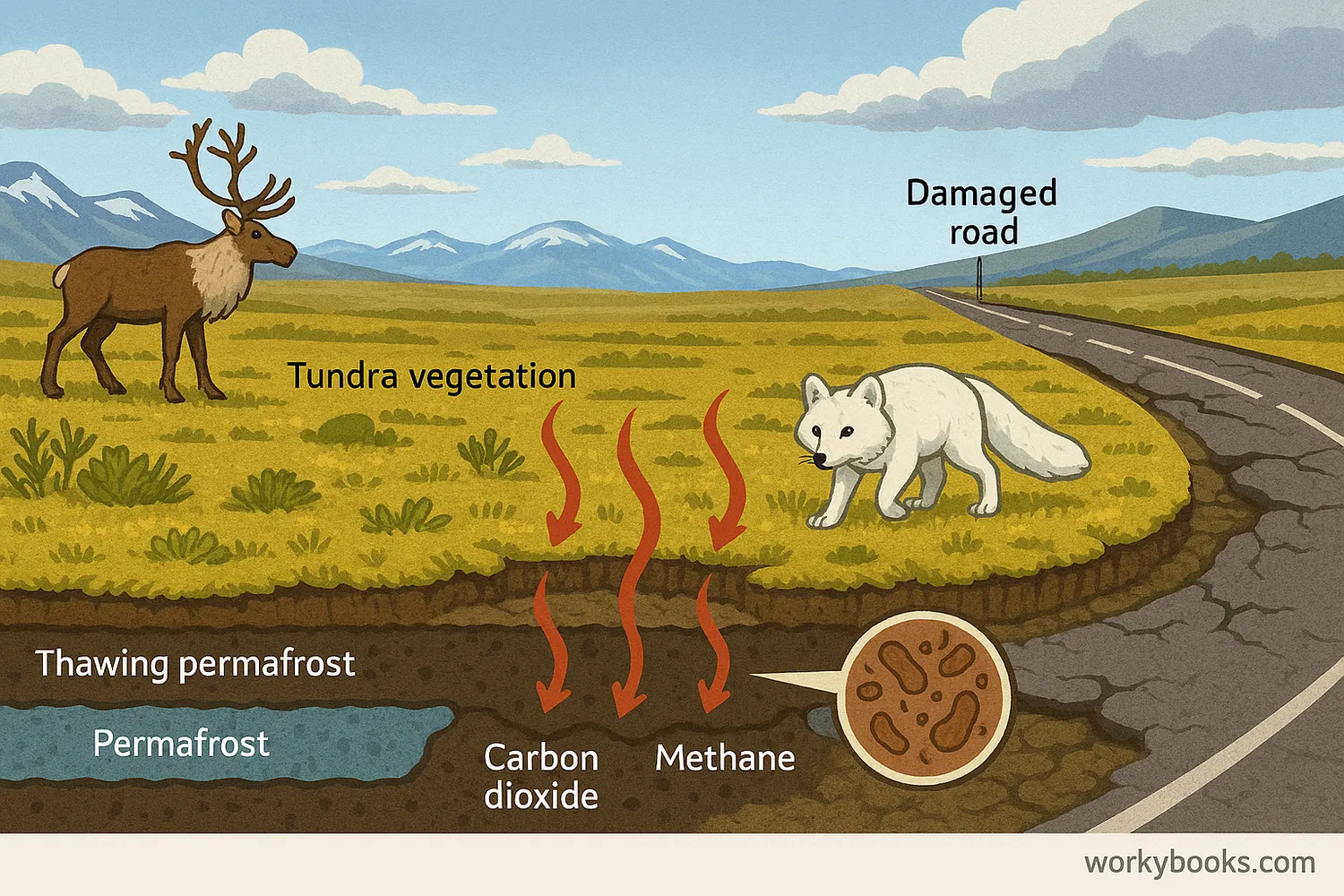 Arctic tundra with animals, thawing permafrost, gas release, and damaged infrastructure.