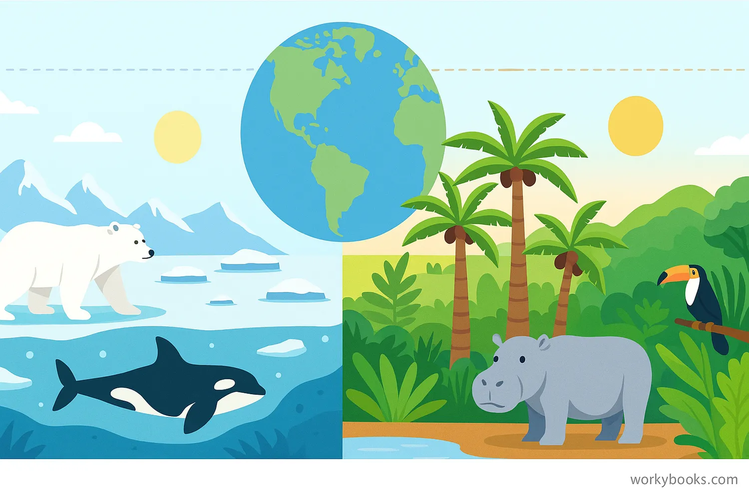 Polar and tropical regions with wildlife, climate features, and climate change impacts.