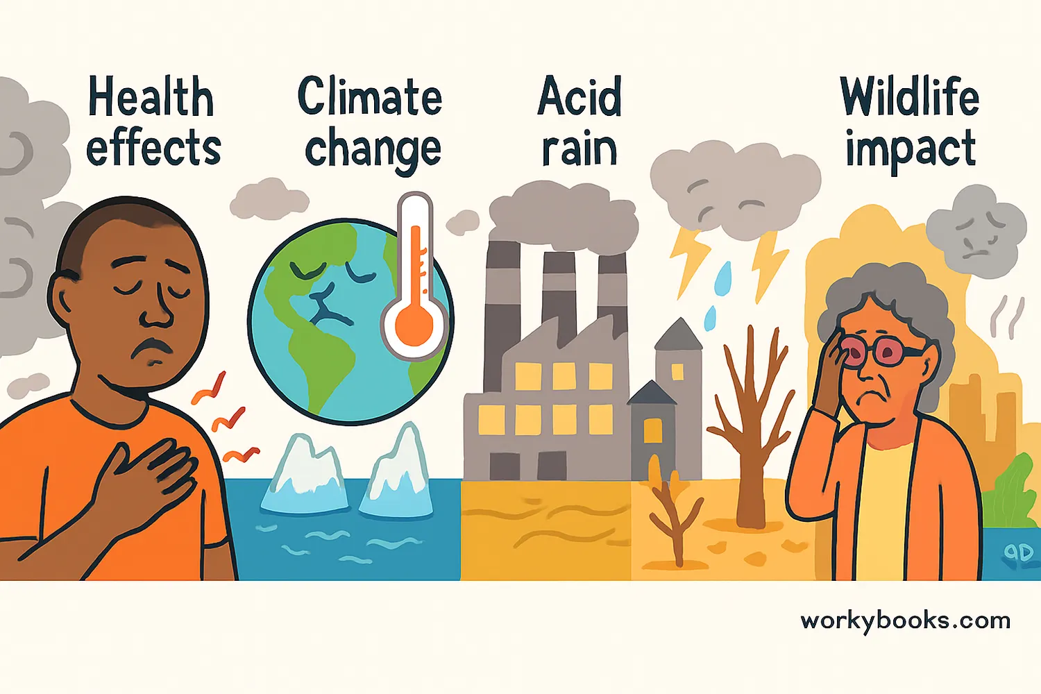 llustrated scenes show air pollution’s effects on health, climate, rain, smog, and wildlife.
