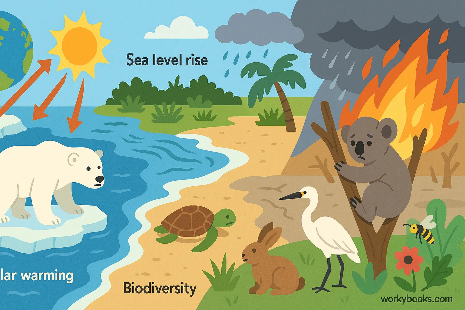Climate change impacts polar bears, sea turtles, koalas, and biodiversity through habitat loss.