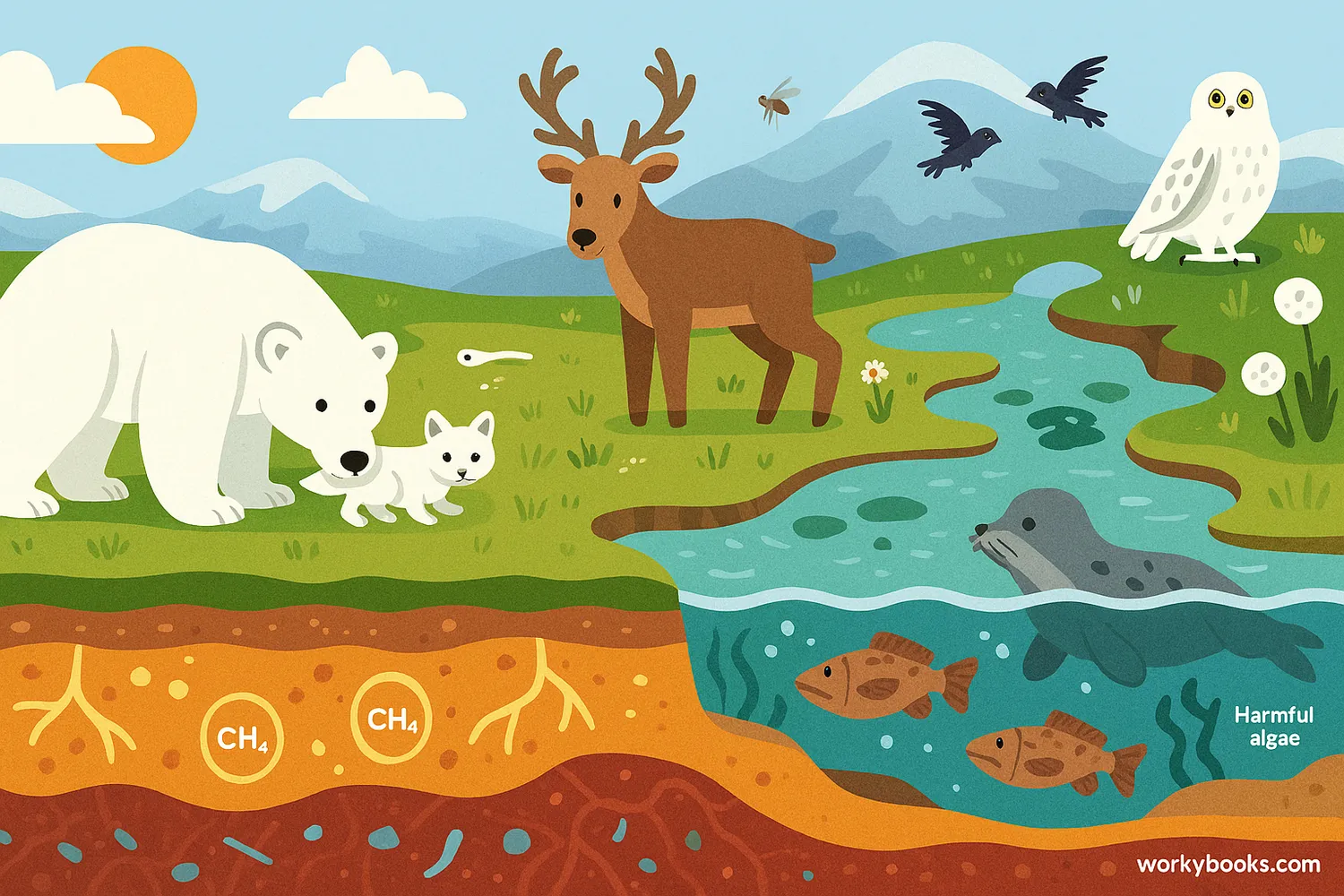 Arctic animals and ecosystems affected by thawing permafrost and climate change. Caption: Thawing permafrost disrupts Arctic habitats, food webs, and releases greenhouse gases.