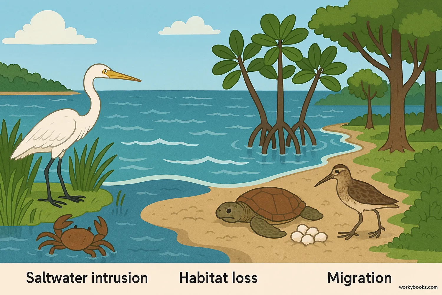 Sea level rise impacts coastal wildlife through habitat loss, saltwater intrusion, and migration barriers.