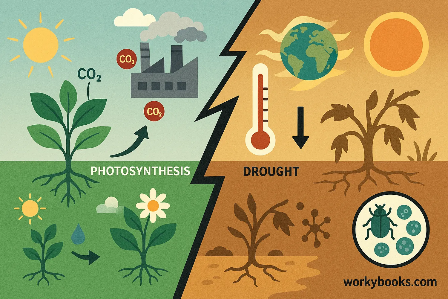 Climate change impacts plants: drought, early bloom, pests, CO₂ rise, and adaptations.